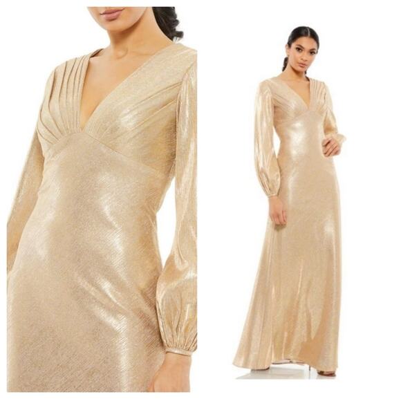NWT IEENA for MAC DUGGAL Metallic V-Neck Long Sleeve Evening Gown Women’s - Picture 1 of 9